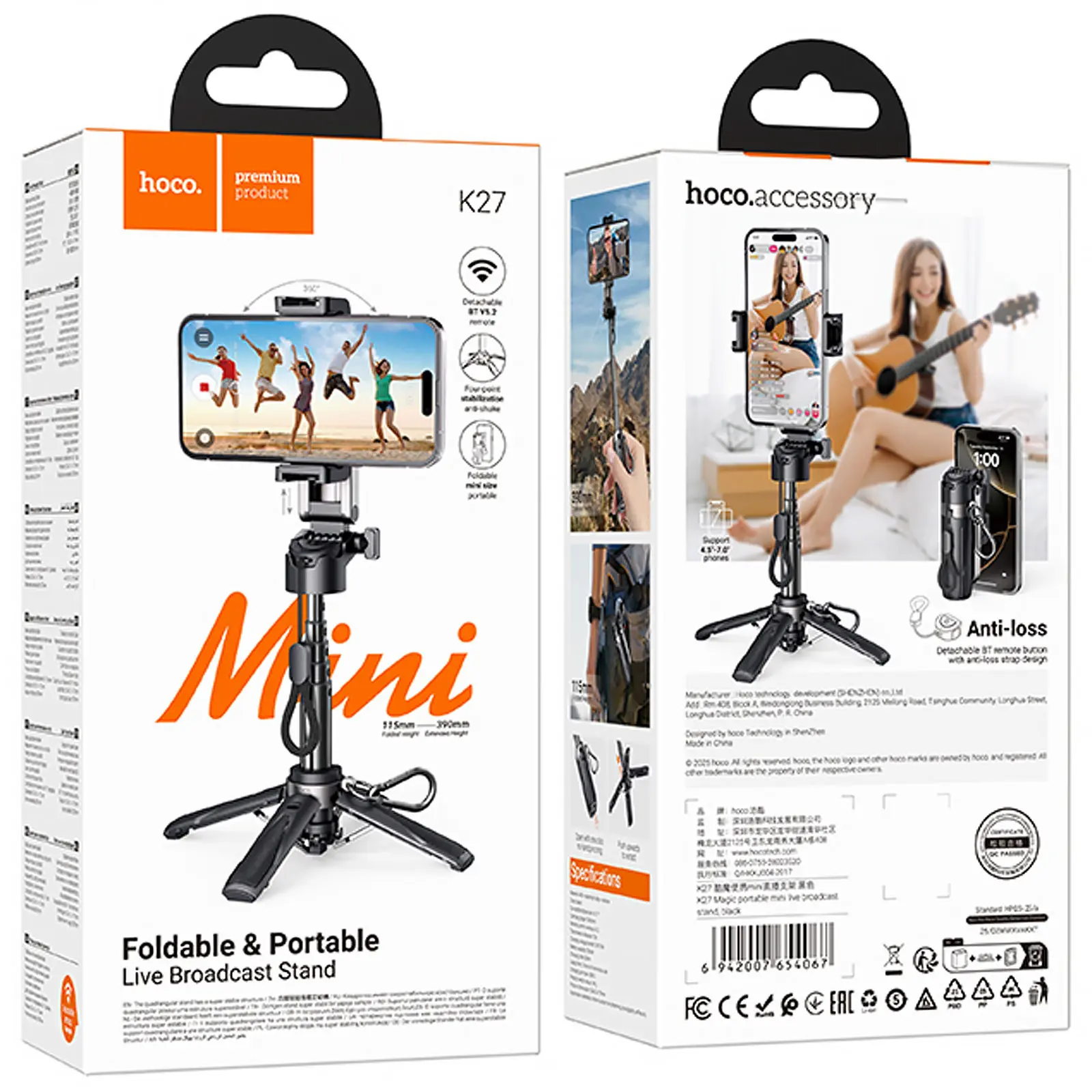 Монопод для селфи Hoco K27 mini трипод + съемный BT пульт, Black 5, купить оптом с доставкой
