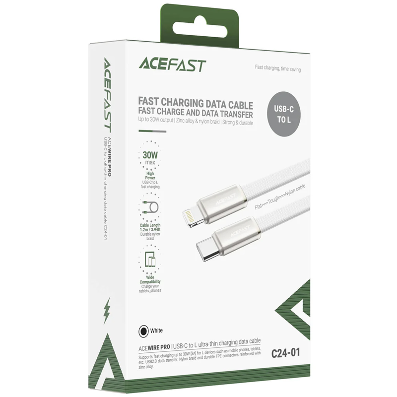 Дата кабель Acefast C24-01 Type-C to Lightning 30W (1.2m), White 3, купить оптом с доставкой