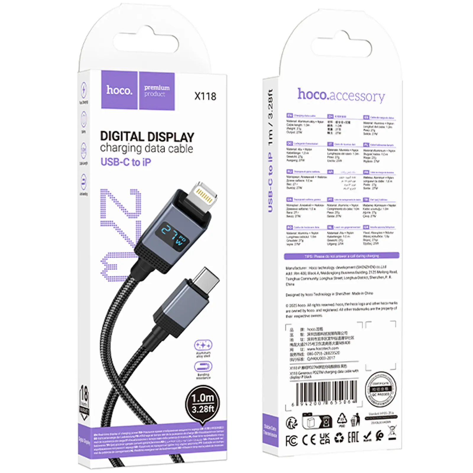 Дата кабель Hoco X118 Generous with display Type-C to Lightning 27W (1m), Black 5, купити оптом з доставкою