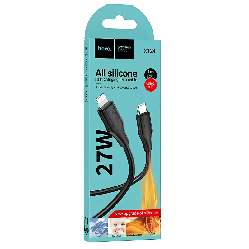Дата кабель Hoco X124 Bien silicone Type-C to Lightning 27W (1m), Black 3, купити оптом з доставкою