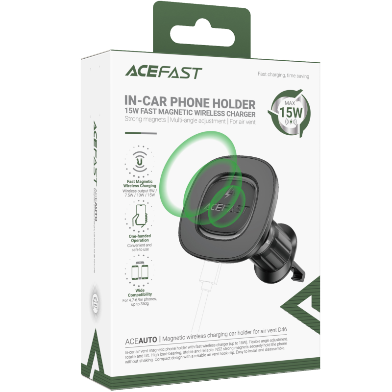 Автодержатель с БЗУ Acefast D46 QI2 Magnetic Charging 15W (air outlet), Black 1, купить оптом с доставкой