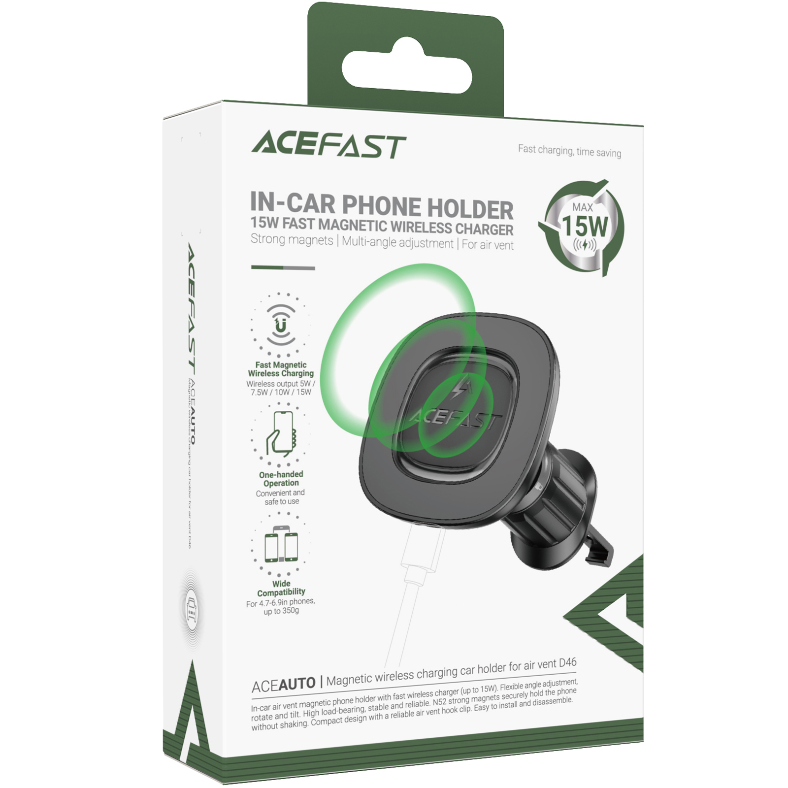 Автодержатель с БЗУ Acefast D46 QI2 Magnetic Charging 15W (air outlet), Black 1, купить оптом с доставкой