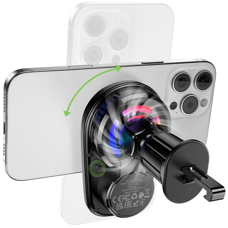 Автодержатель с БЗУ Hoco HW36 Electric 15W with cooler (air outlet) на картинке №5