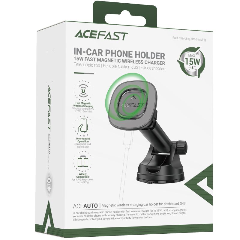 Автодержатель с БЗУ Acefast D47 Magnetic Charging 15W (center console), Black 1, купить оптом с доставкой