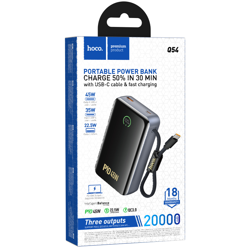 Портативное ЗУ Power Bank Hoco Q54 Shine PD45W with cable 20000 mAh, Metal gray 1, купить оптом с доставкой