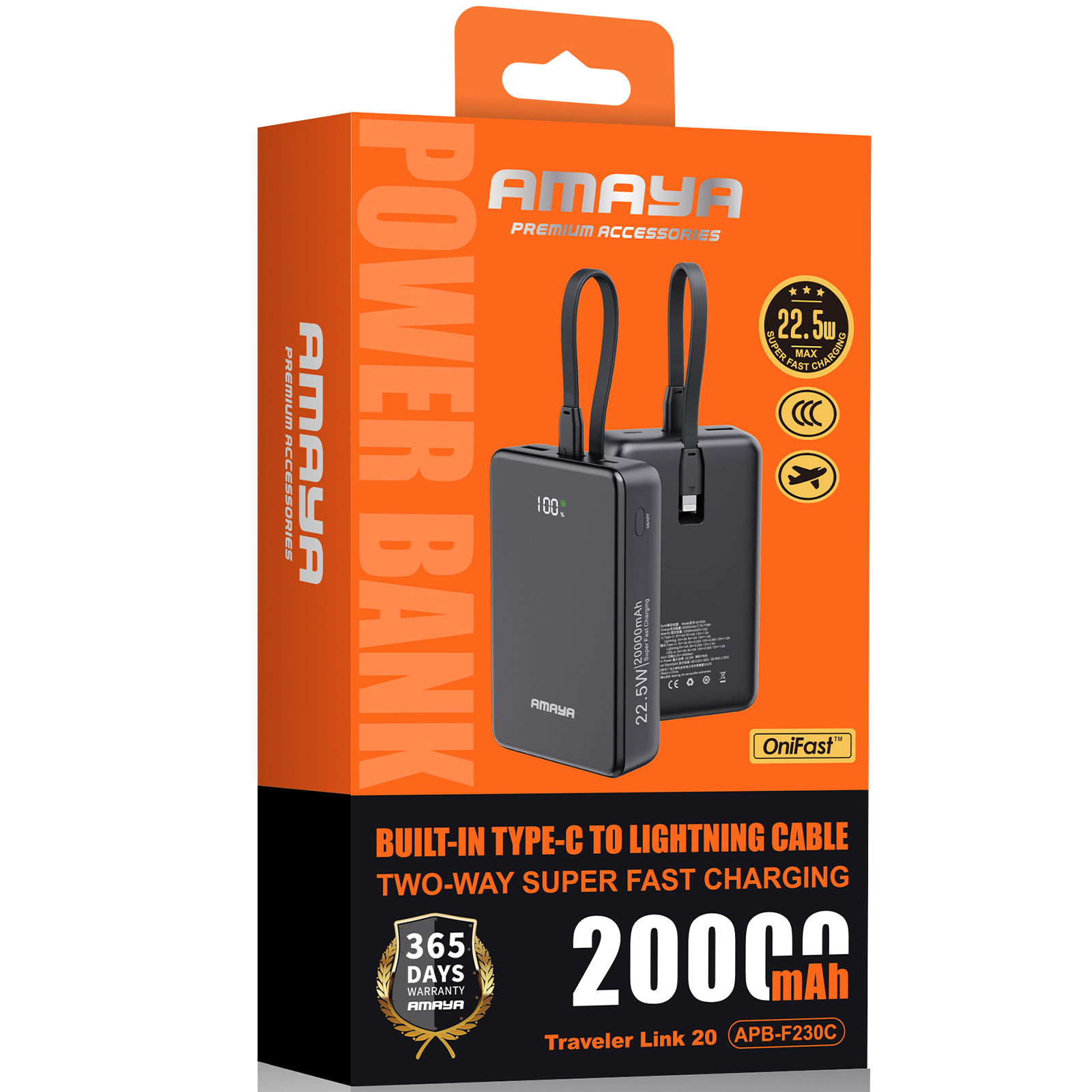 Портативний ЗП Power Bank Amaya F230C PD22.5W with cable 20000 mAh, Black 1, купити оптом з доставкою