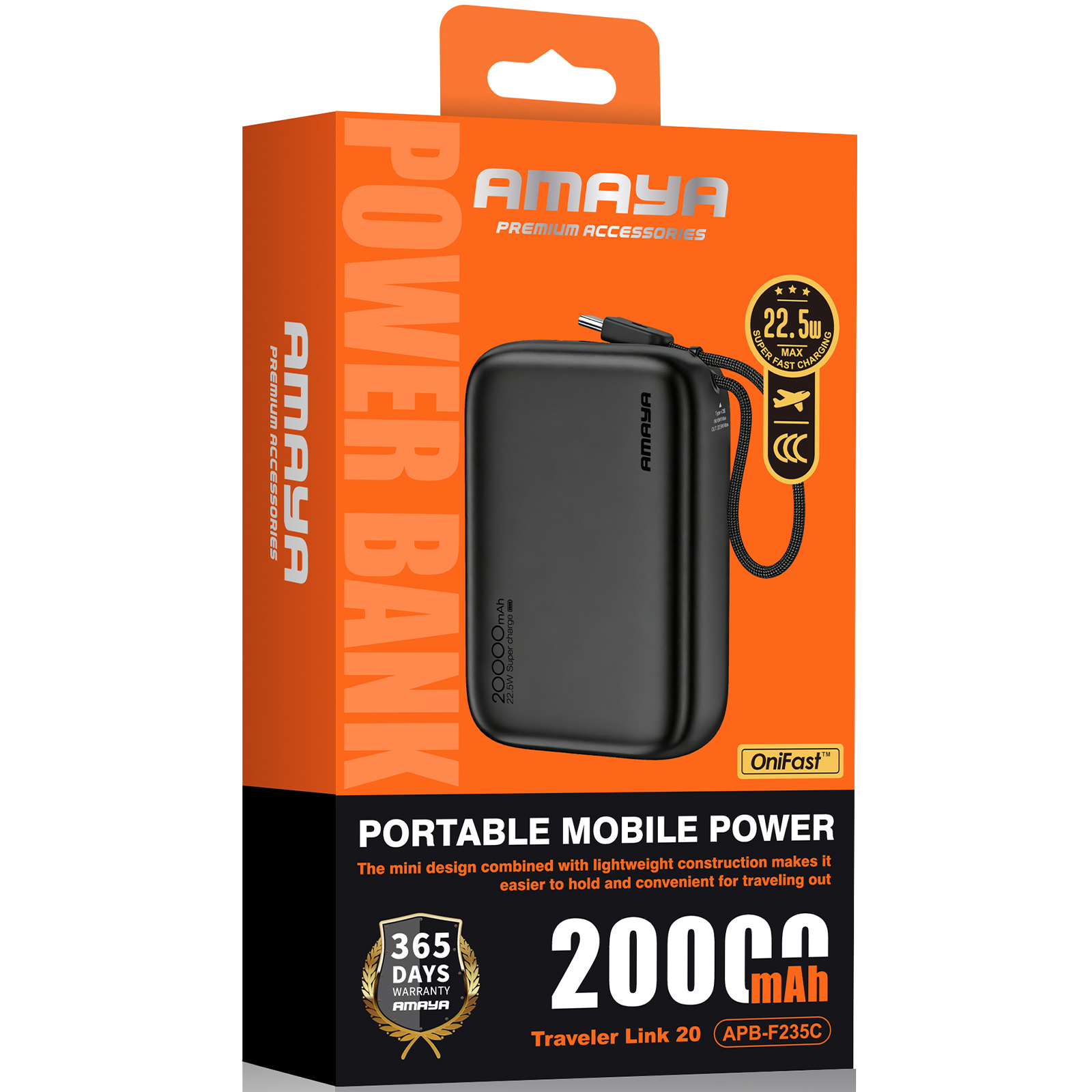 Портативное ЗУ Power Bank Amaya F235C PD22.5W with cable 20000 mAh, Black 1, купить оптом с доставкой