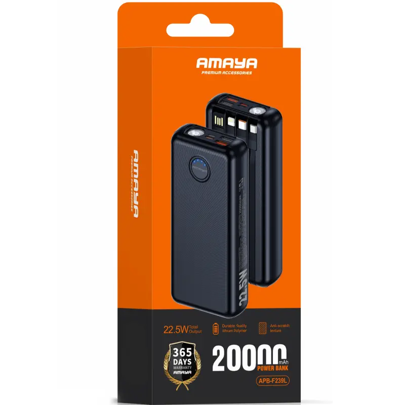 Портативное ЗУ Power Bank Amaya F239L 22.5W flashlight with cable 20000 mAh, Black 1, купить оптом с доставкой