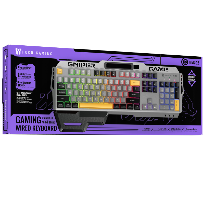 Клавиатура проводная Hoco GM702 Vistoso RGB (English Version), Gray / Black 1, купить оптом с доставкой