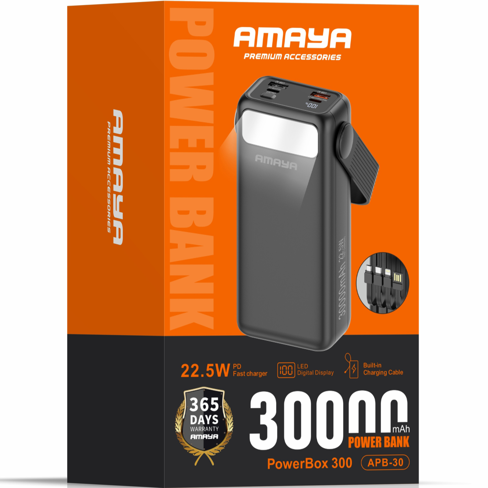 Портативное ЗУ Power Bank Amaya APB-30 22.5W flashlight with cable 30000 mAh, Black 1, купить оптом с доставкой