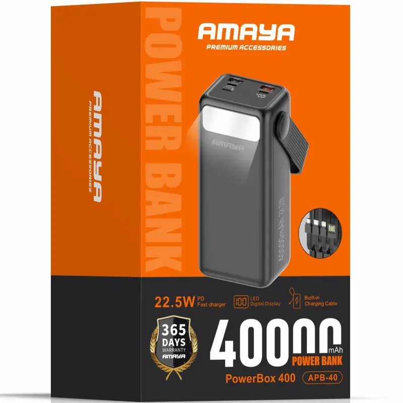 Портативное ЗУ Power Bank Amaya APB-40 22.5W flashlight with cable 40000 mAh, Black 1, купить оптом с доставкой