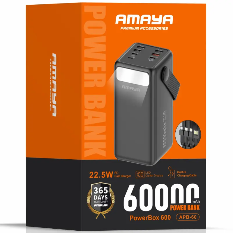 Портативное ЗУ Power Bank Amaya APB-60 22.5W flashlight with cable 60000 mAh, Black 1, купить оптом с доставкой