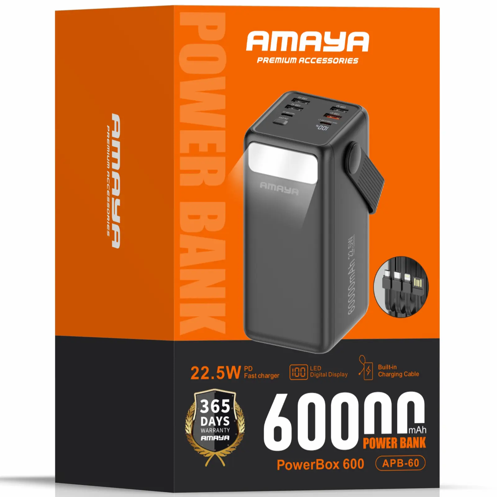 Портативное ЗУ Power Bank Amaya APB-60 22.5W flashlight with cable 60000 mAh, Black 1, купить оптом с доставкой