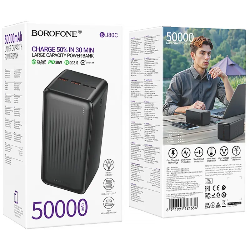 Портативное ЗУ Power Bank Borofone BJ80C Clever 22.5W+PD20W 50000 mAh, Black 3, купить оптом с доставкой