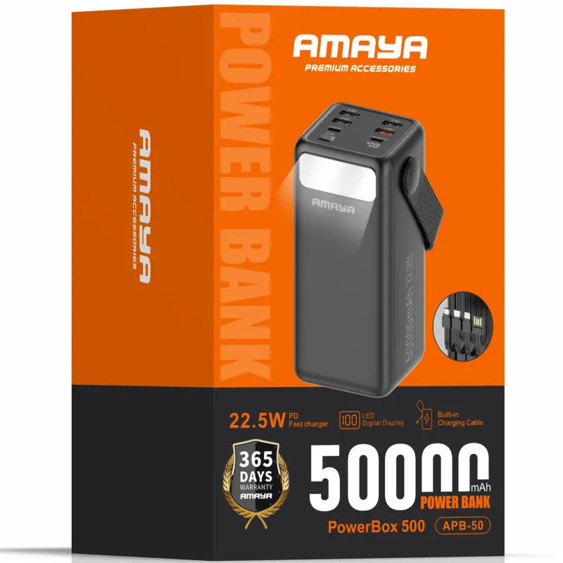 Портативное ЗУ Power Bank Amaya APB-50 22.5W flashlight with cable 50000 mAh, Black 1, купить оптом с доставкой
