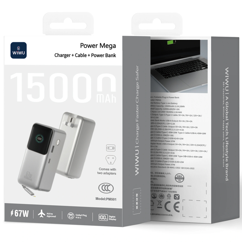 Портативний ЗП Power Bank WIWU PM501 Power Mega PD67W with cable 15000 mAh на малюнкі №2