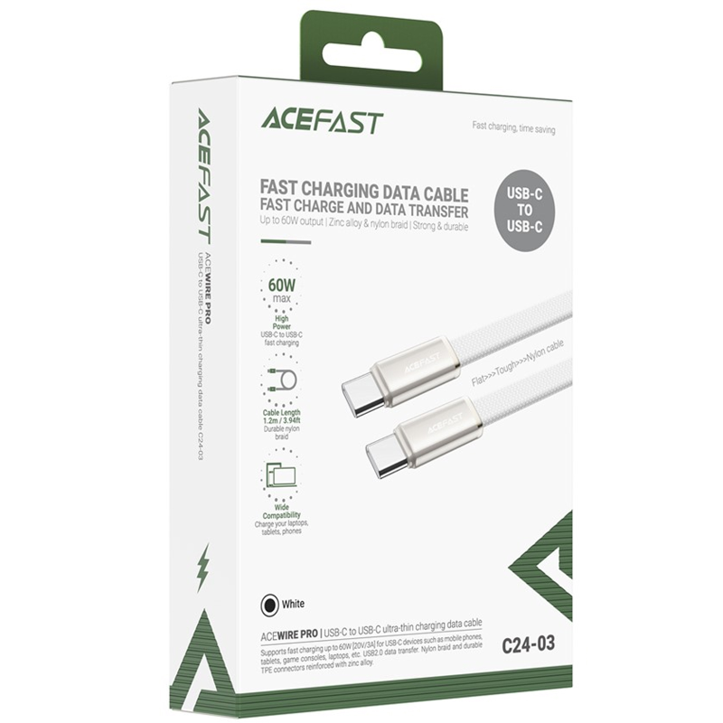 Дата кабель Acefast C24-03 Type-C to Type-C 60W (1.2m), White 4, купить оптом с доставкой