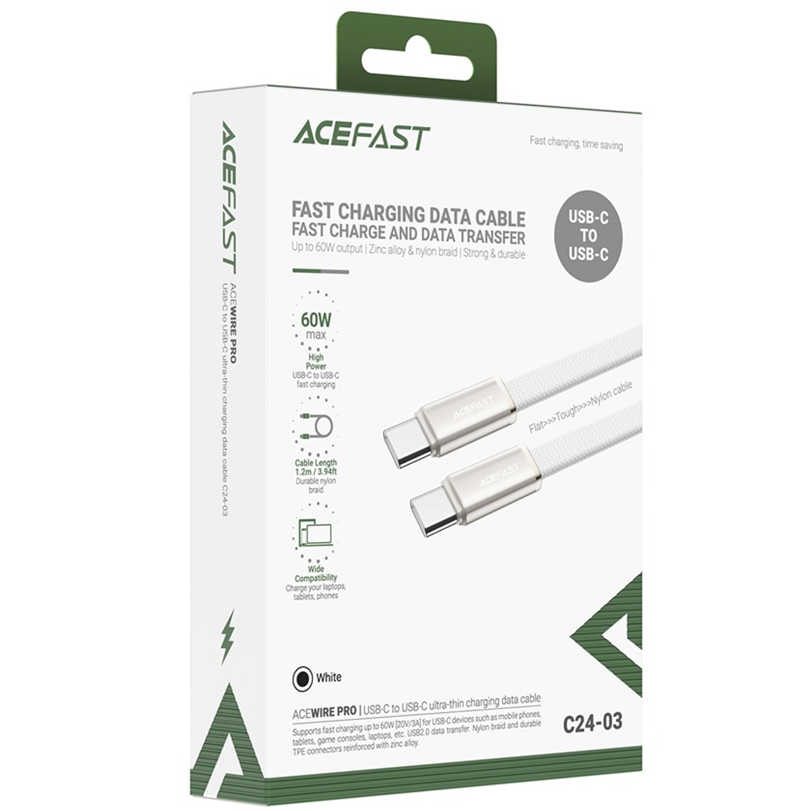 Дата кабель Acefast C24-03 Type-C to Type-C 60W (1.2m), White 4, купить оптом с доставкой