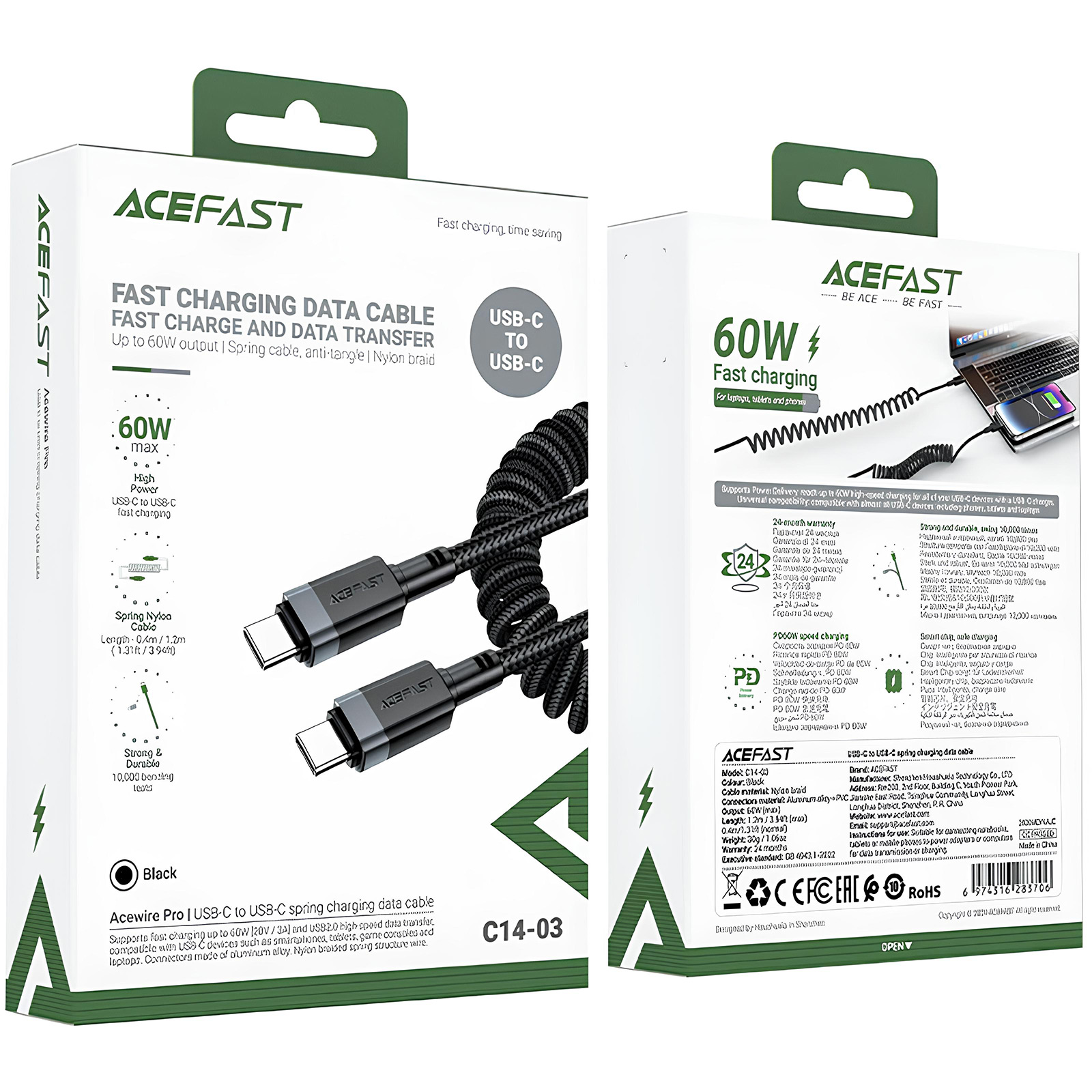 Дата кабель Acefast C14-03 Type-C to Type-C 60W (1.2m), Black 5, купить оптом с доставкой