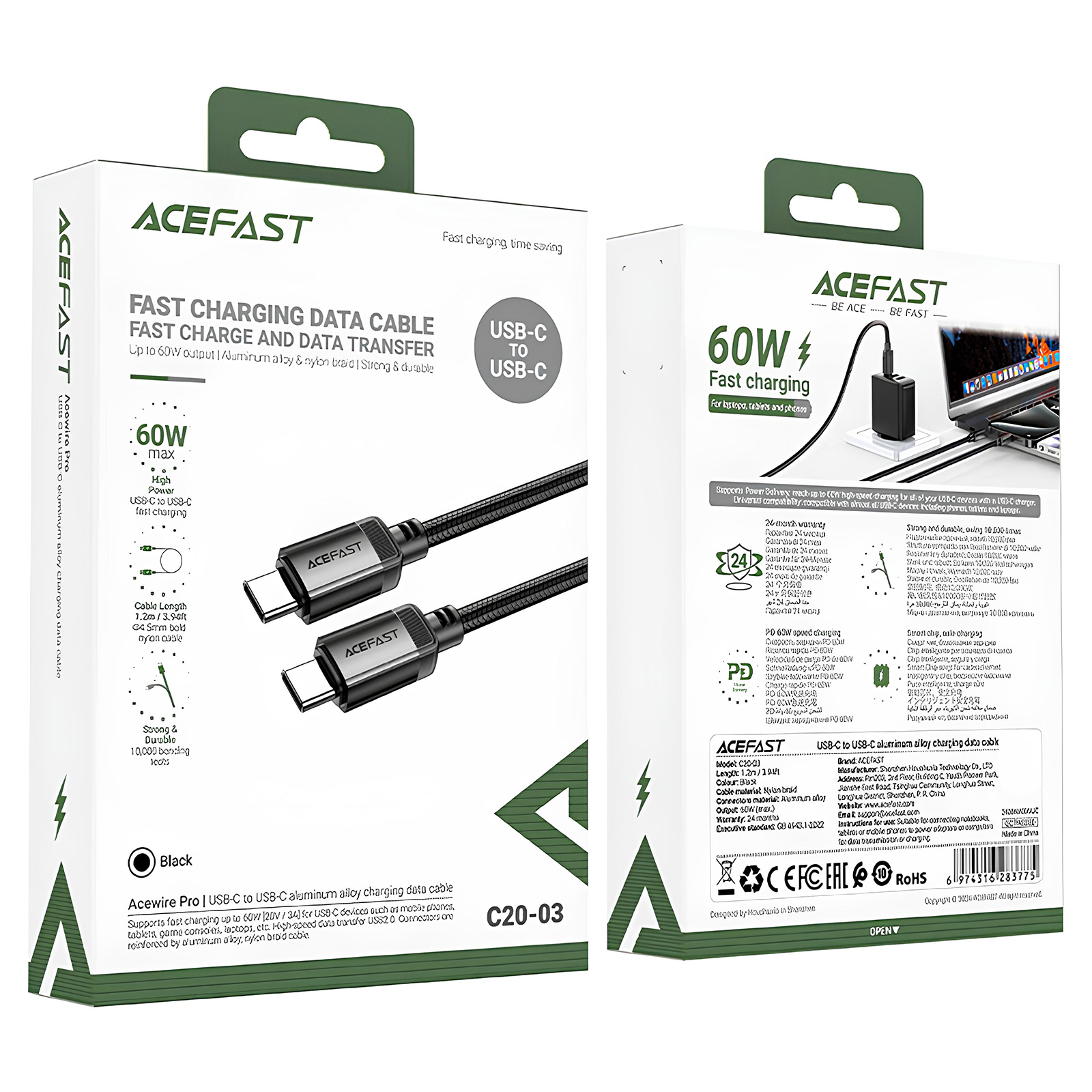 Дата кабель Acefast C20-03 Type-C to Type-C 60W (1.2m), Black 4, купить оптом с доставкой