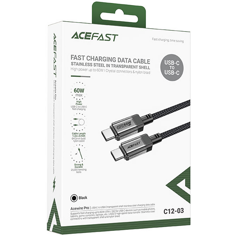 Дата кабель Acefast C12-03 Type-C to Type-C 60W (1.2m), Black 4, купить оптом с доставкой