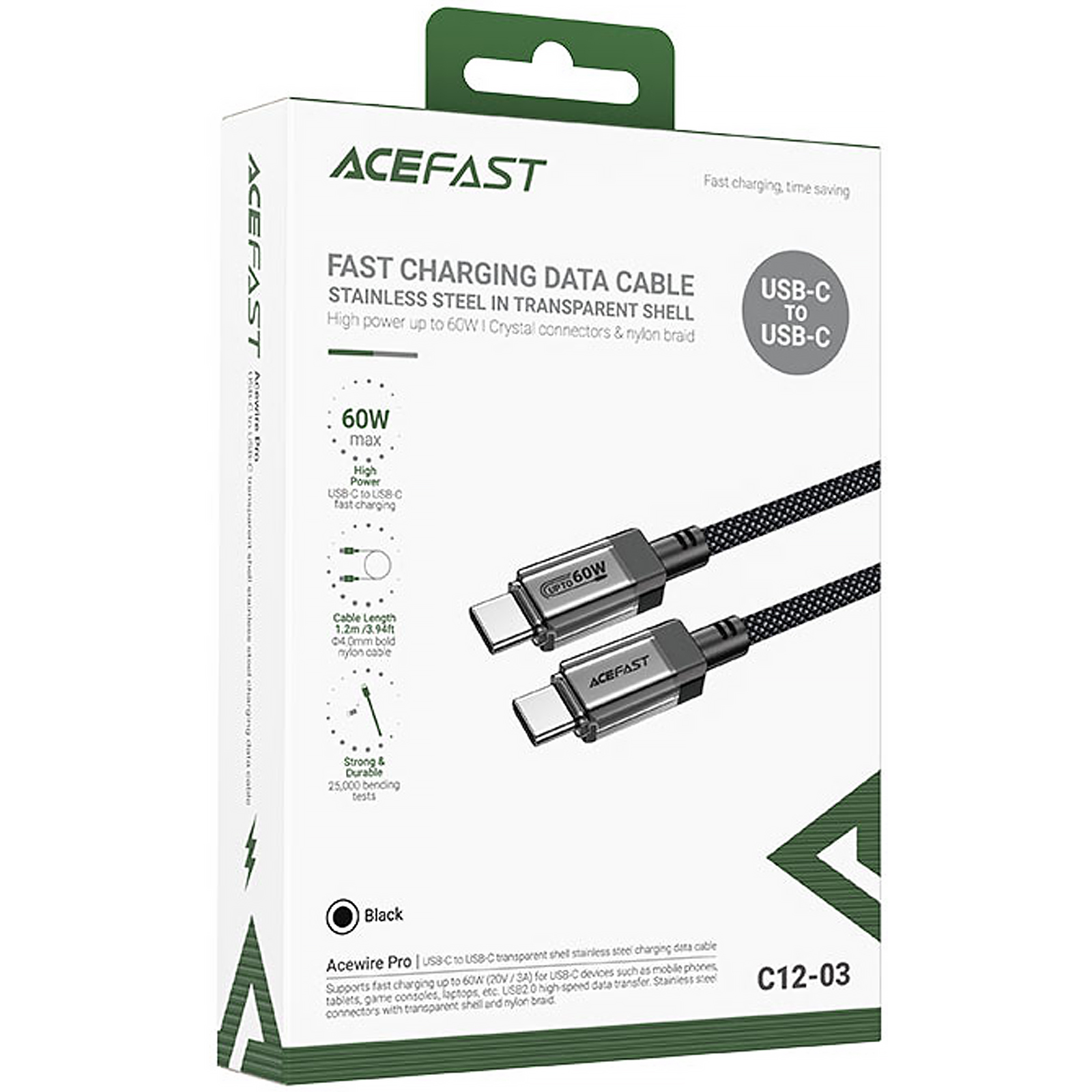Дата кабель Acefast C12-03 Type-C to Type-C 60W (1.2m), Black 4, купить оптом с доставкой