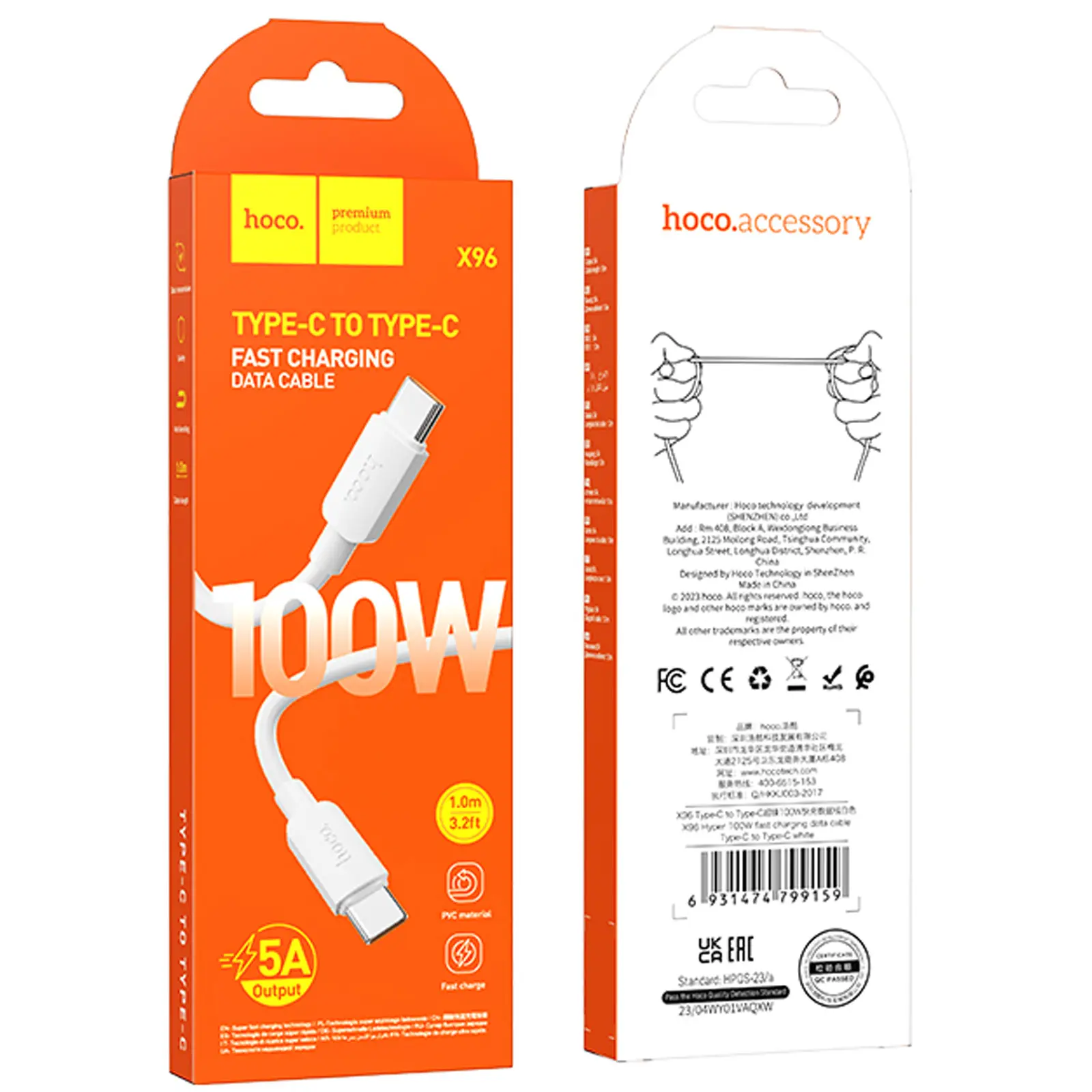 Дата кабель Hoco X96 Hyper Type-C to Type-C 100W (1m), White 3, купить оптом с доставкой