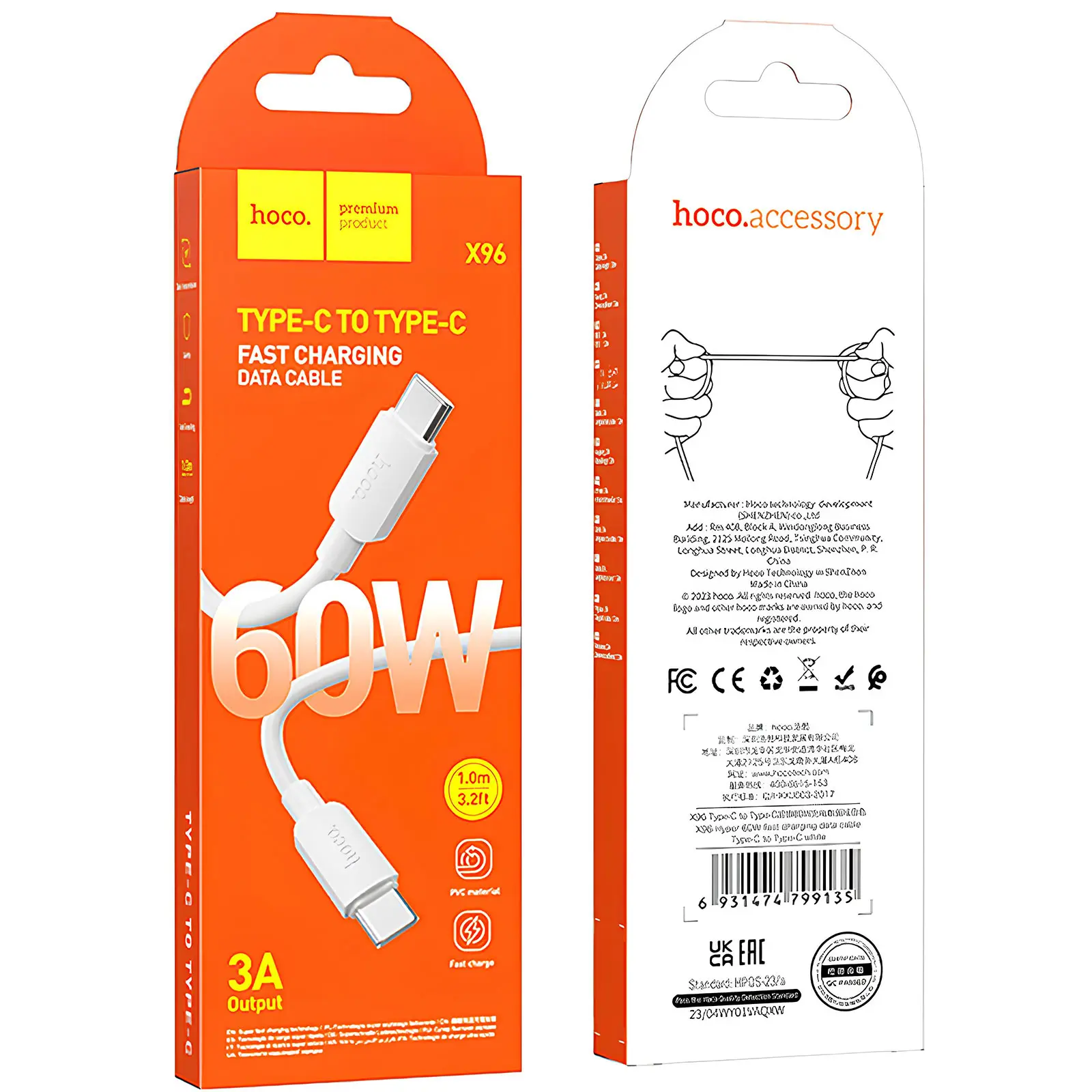 Дата кабель Hoco X96 Hyper Type-C to Type-C 60W (1m), White 1, купить оптом с доставкой