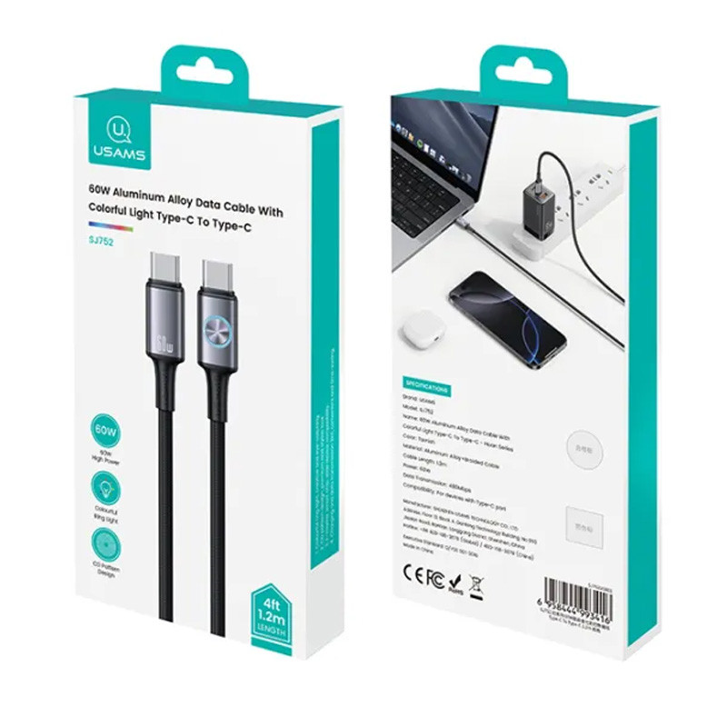 Дата кабель Usams US-SJ752 With Colorful Light Huan Ser. Type-C to Type-C 60W (1.2m) на малюнкі №6