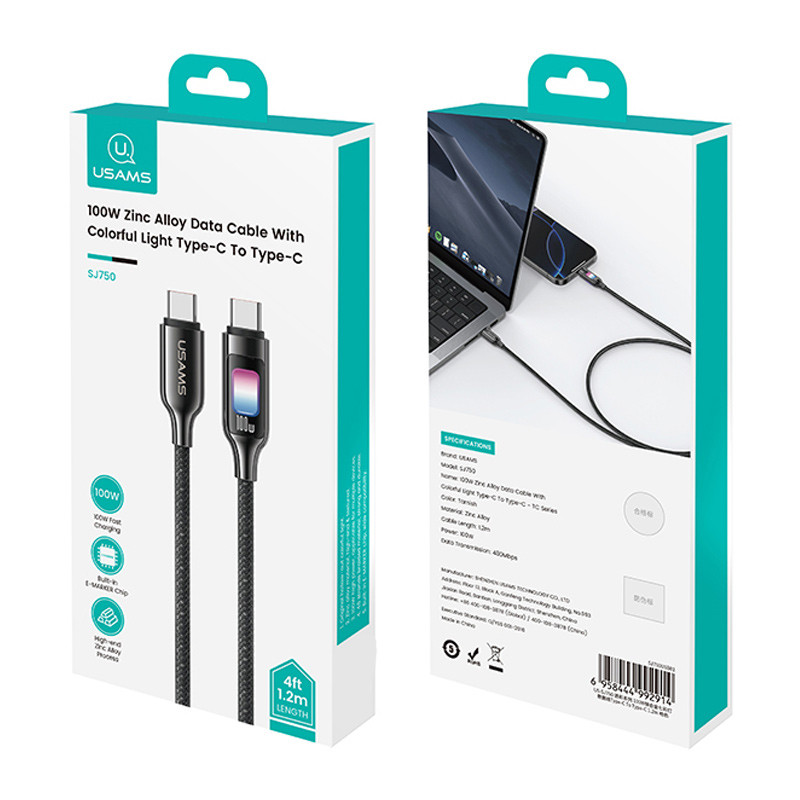 Дата кабель Usams US-SJ750 With Colorful Light TC Ser. Type-C to Type-C 100W (1.2m) на малюнкі №6