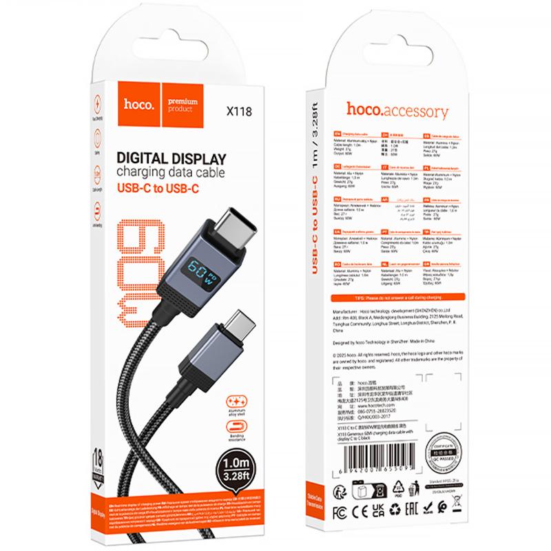 Дата кабель Hoco X118 Generous with display Type-C to Type-C 60W (1m) на малюнкі №5