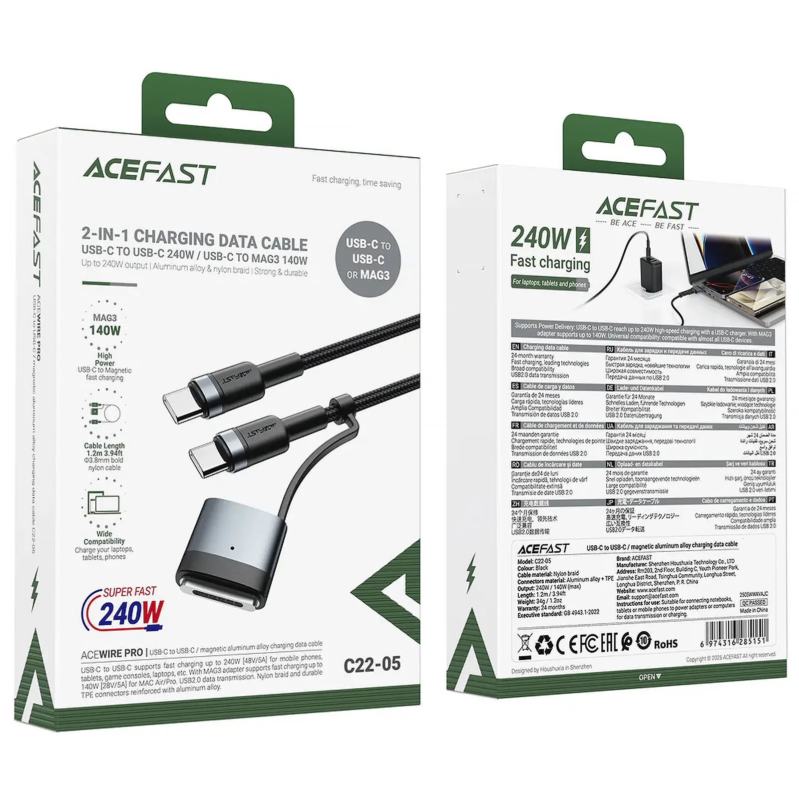 Дата кабель Acefast C22-05 2in1 Type-C to Type-C 240W/MAG3 140W (1.2m), Black 3, купить оптом с доставкой