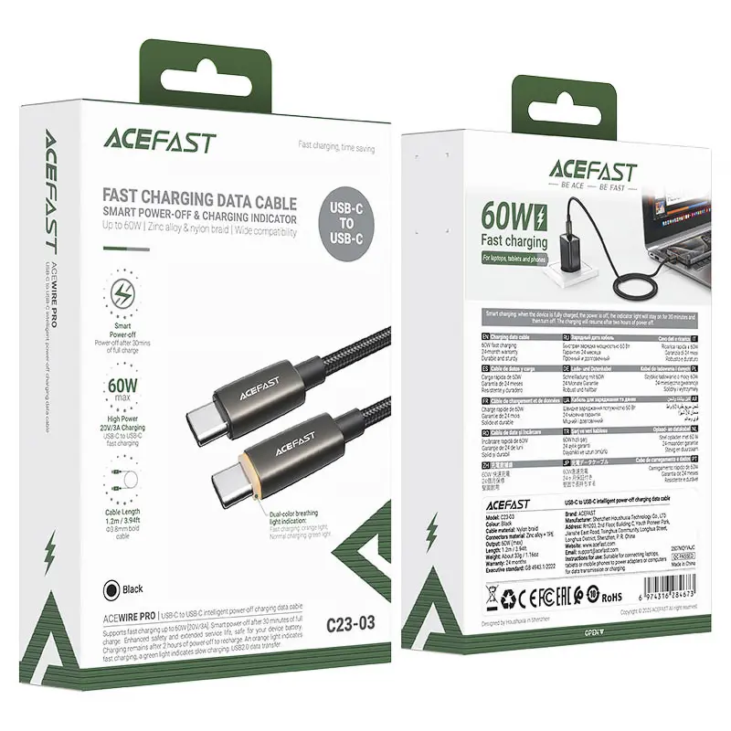Дата кабель Acefast C23-03 Type-C to Type-C 60W (1.2m), Black 3, купить оптом с доставкой
