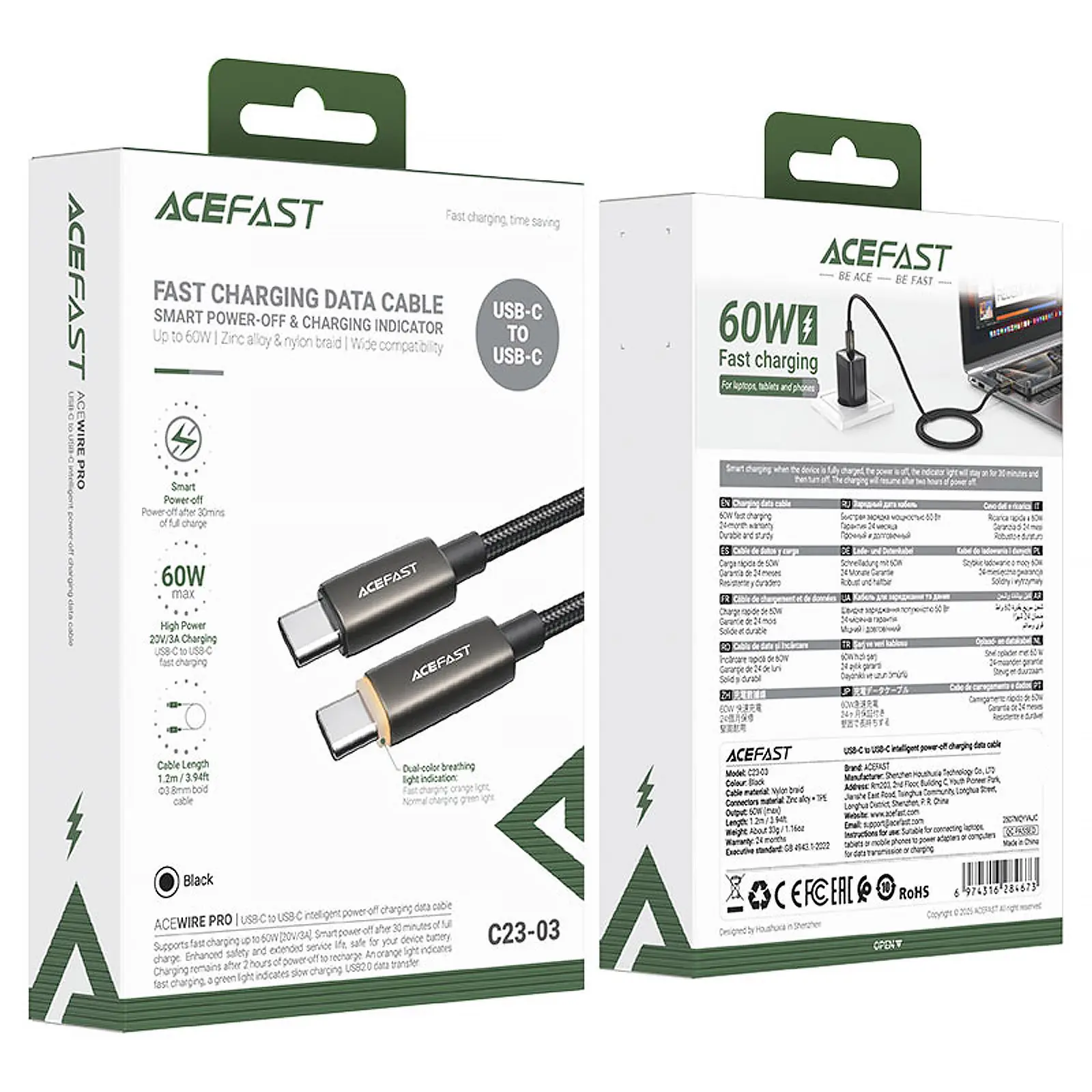 Дата кабель Acefast C23-03 Type-C to Type-C 60W (1.2m), Black 3, купить оптом с доставкой