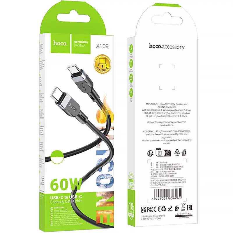 Дата кабель Hoco X109 Energy silicone Type-C to Type-C 60W (3m), Black 4, купить оптом с доставкой