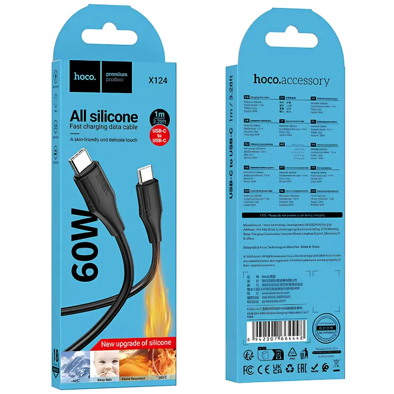 Дата кабель Hoco X124 Bien silicone Type-C to Type-C 60W (1m), Black 2, купить оптом с доставкой