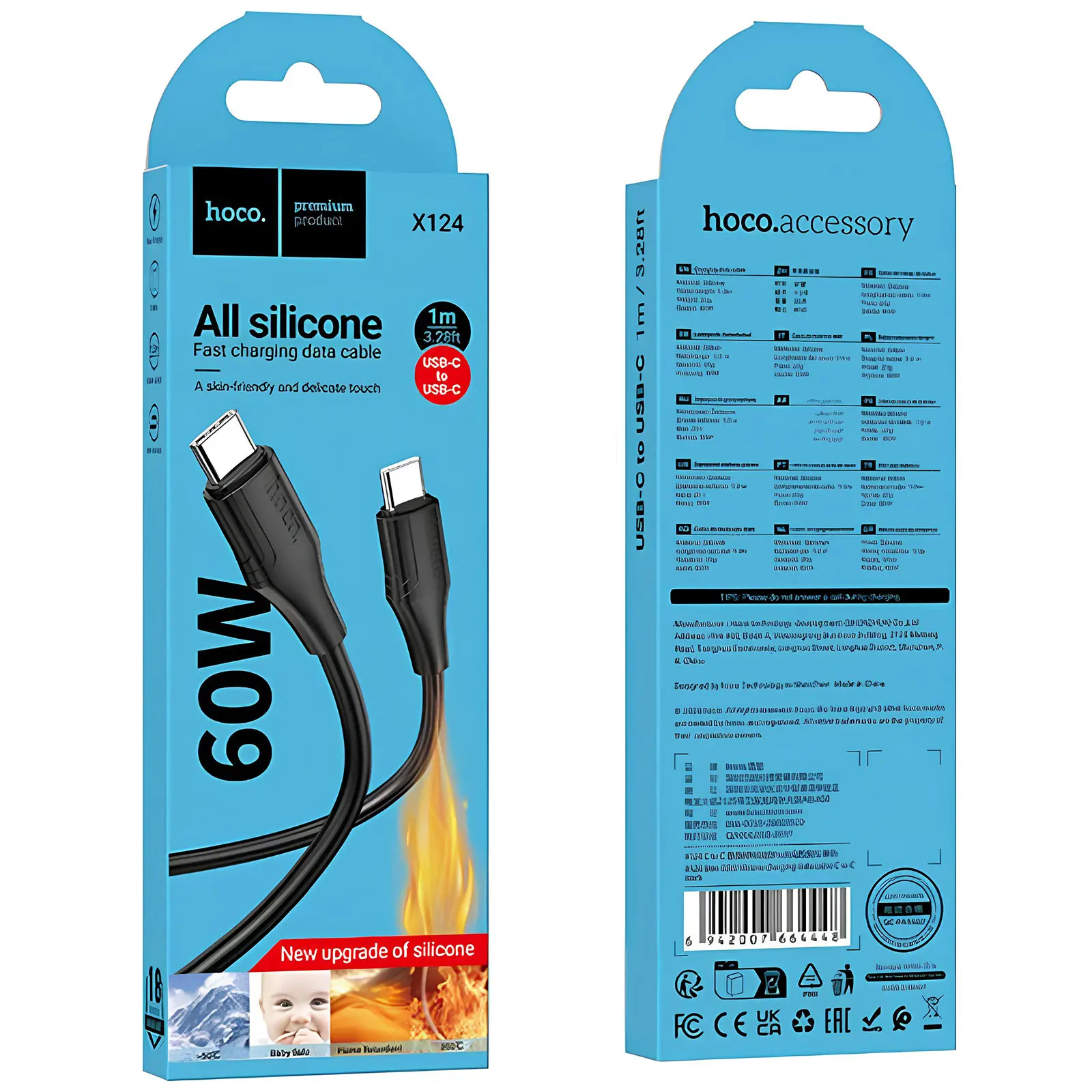 Дата кабель Hoco X124 Bien silicone Type-C to Type-C 60W (1m), Black 2, купить оптом с доставкой