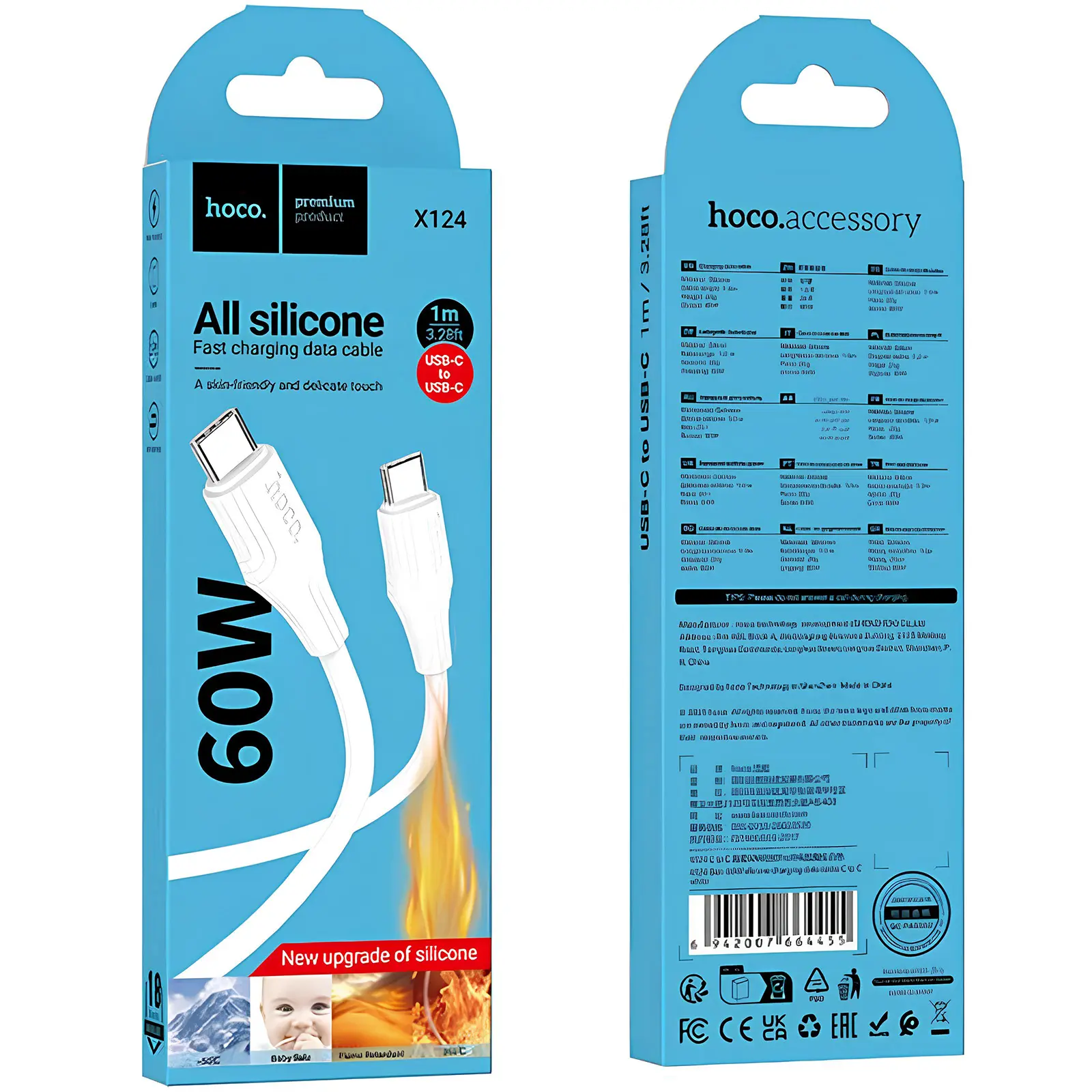 Дата кабель Hoco X124 Bien silicone Type-C to Type-C 60W (1m), White 2, купить оптом с доставкой