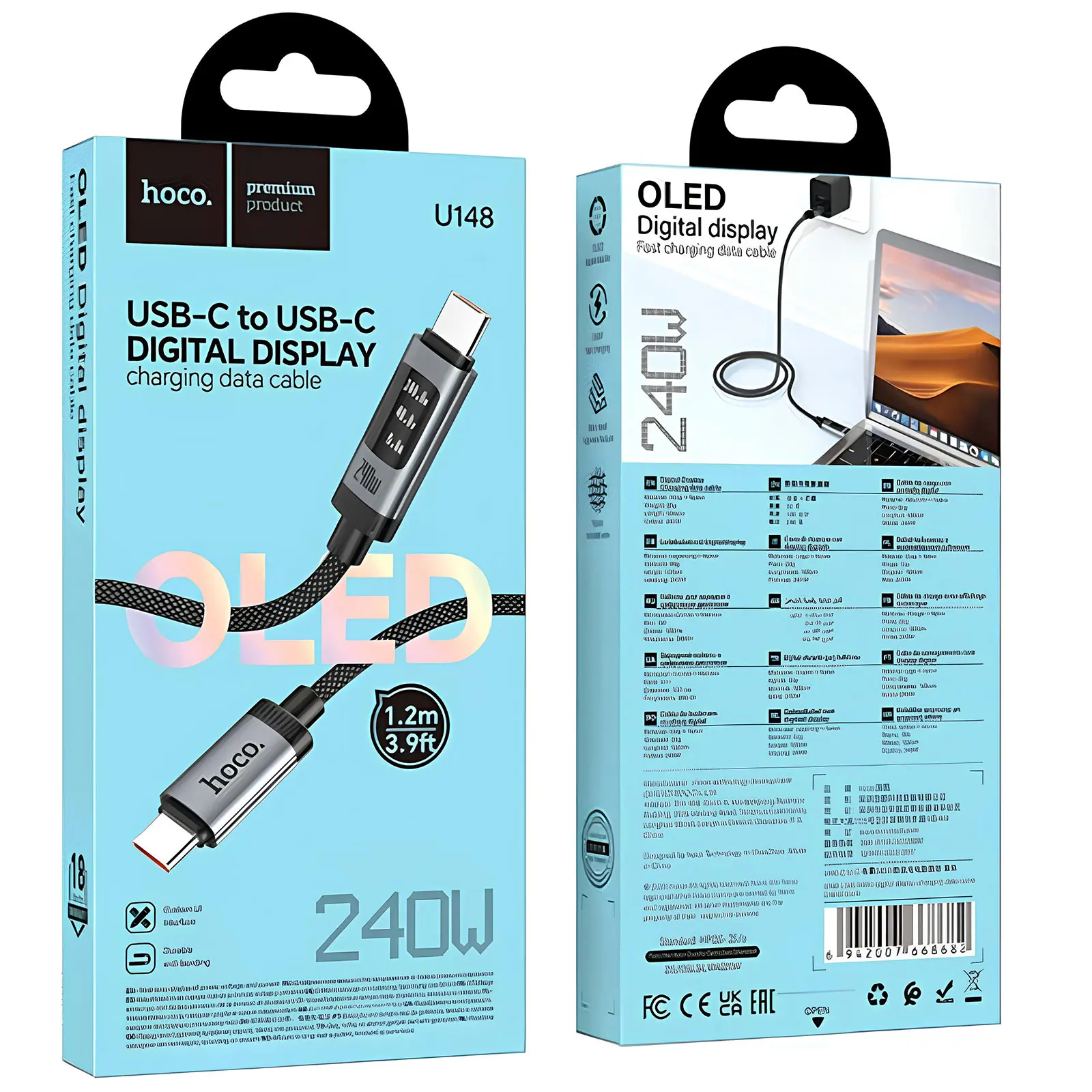 Дата кабель Hoco U148 Lord with display Type-C to Type-C 240W (1.2m), Black 1, купить оптом с доставкой