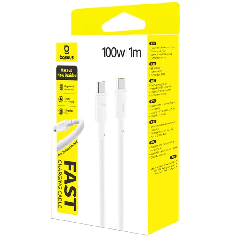 Дата кабель Baseus New Braided Type-C to Type-C 100W (1m) (E0426), Moon White 1, купить оптом с доставкой