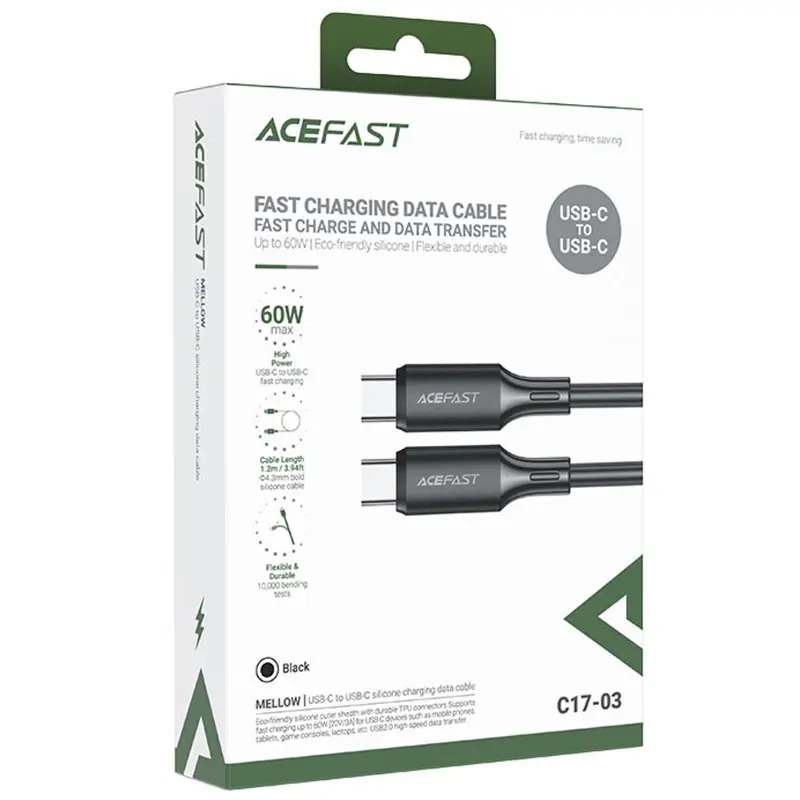 Дата кабель Acefast C17-03 Type-C to Type-C 60W (1.2m), Black 1, купить оптом с доставкой
