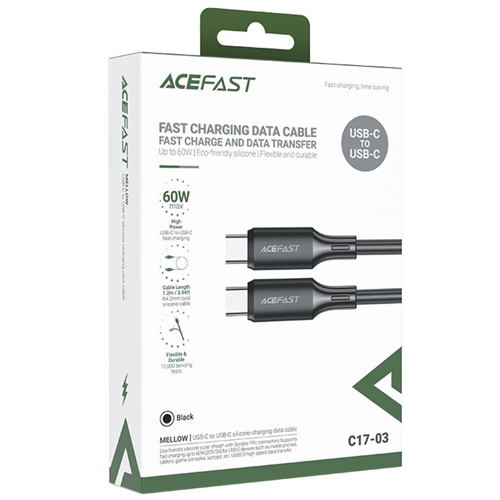Дата кабель Acefast C17-03 Type-C to Type-C 60W (1.2m), Black 1, купить оптом с доставкой
