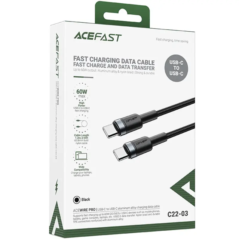 Дата кабель Acefast C22-03 Type-C to Type-C 60W (1.2m), Black 1, купить оптом с доставкой