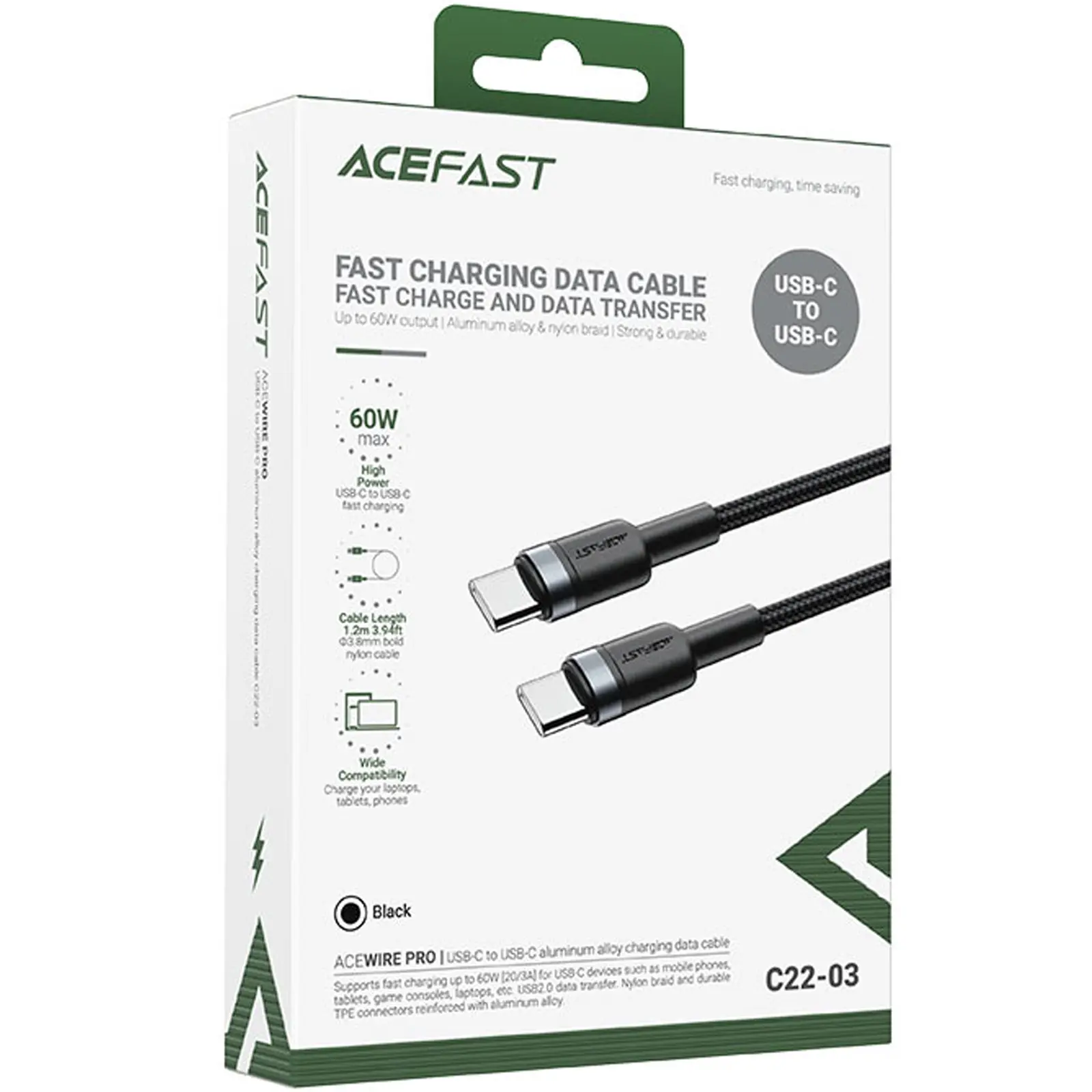 Дата кабель Acefast C22-03 Type-C to Type-C 60W (1.2m), Black 1, купить оптом с доставкой
