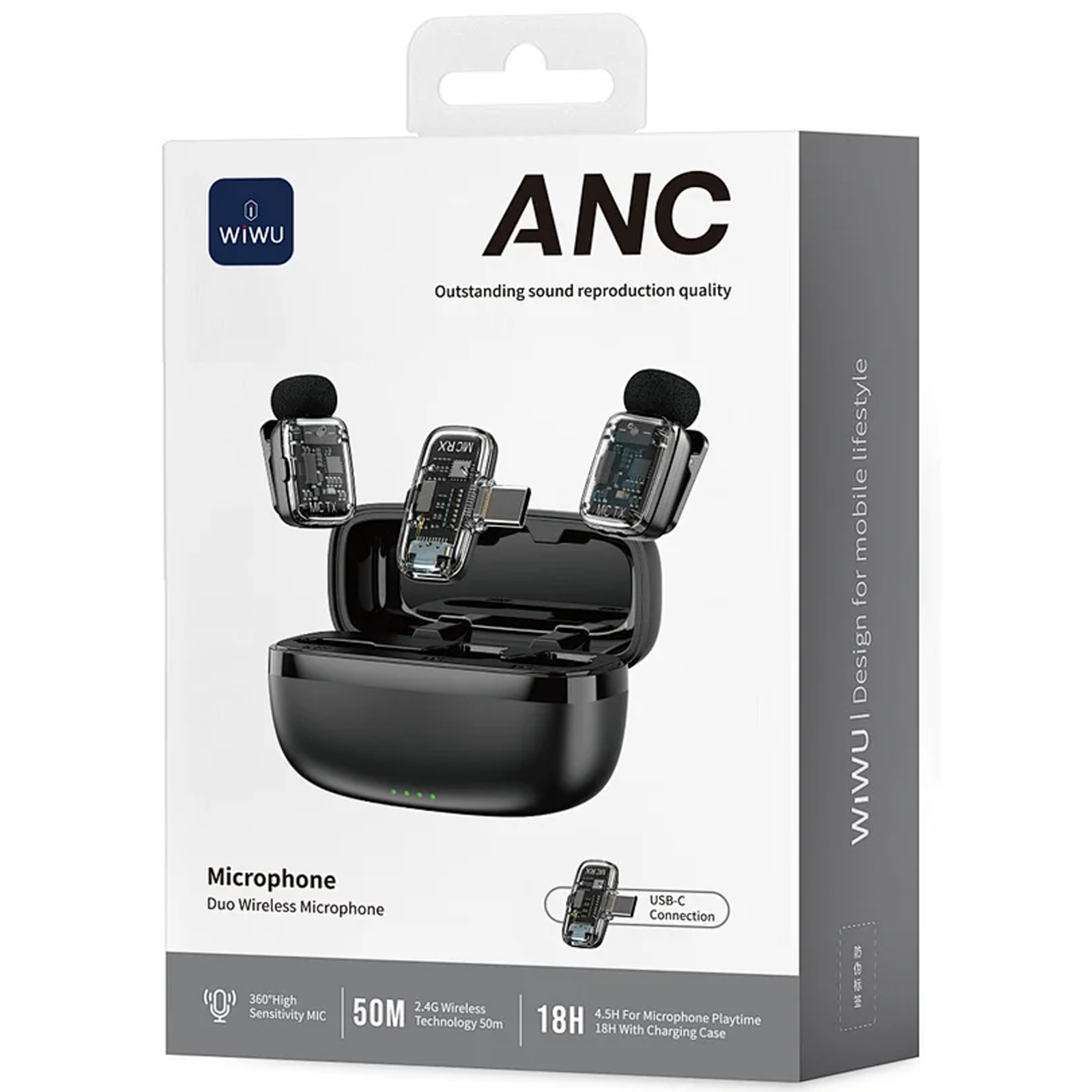 Петличный беспроводной микрофон WIWU WM008 Dual-mic ANC Type-C, Black 1, купить оптом с доставкой