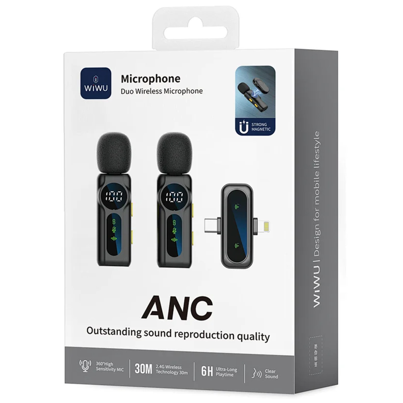 Петличный беспроводной микрофон WIWU WM007 Dual-mic (Lightning/Type-C), Black 1, купить оптом с доставкой