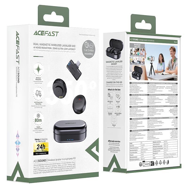 Петличный беспроводной микрофон Acefast R3 Dual-mic Type-C, Black 4, купить оптом с доставкой