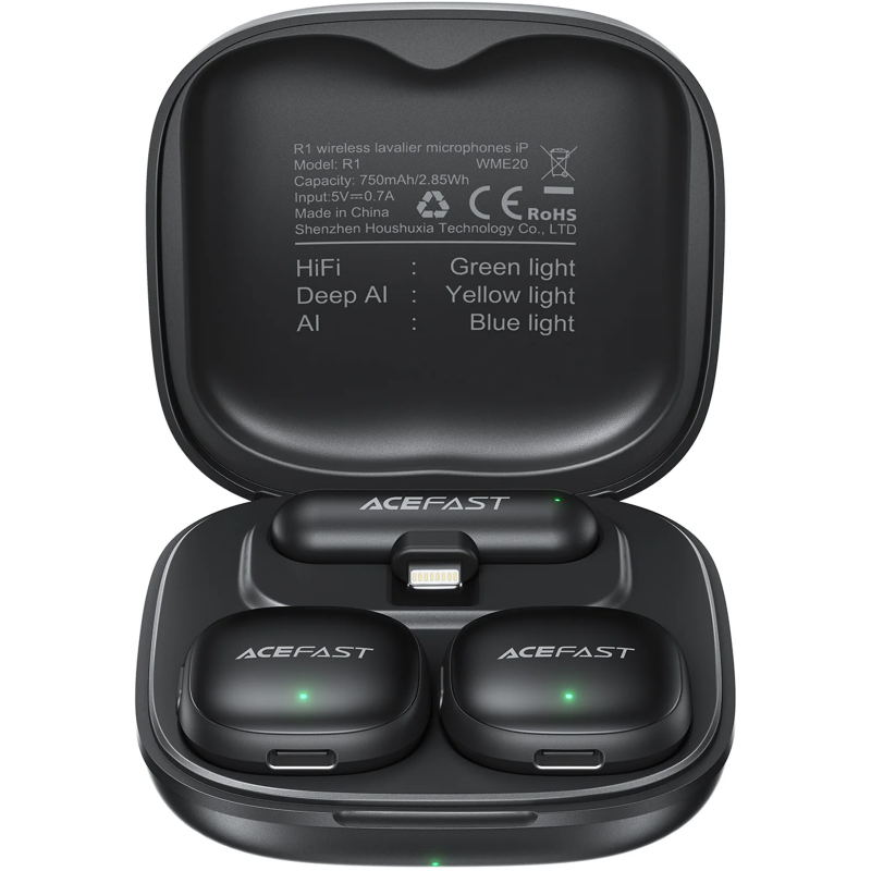 Петличный беспроводной микрофон Acefast R1 Dual-mic Lightning, Black, купить оптом с доставкой
