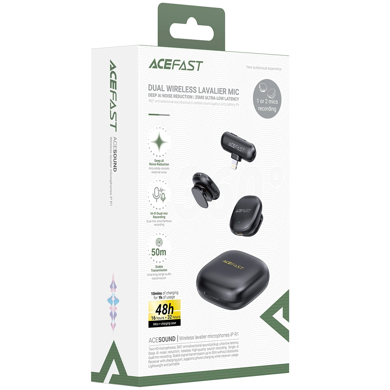 Петличный беспроводной микрофон Acefast R1 Dual-mic Lightning, Black 4, купить оптом с доставкой