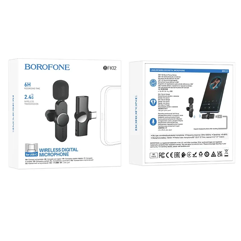 Петличный беспроводной микрофон Borofone BFK12 Trophy Dual-mic Lightning/Type-C, Black 6, купить оптом с доставкой